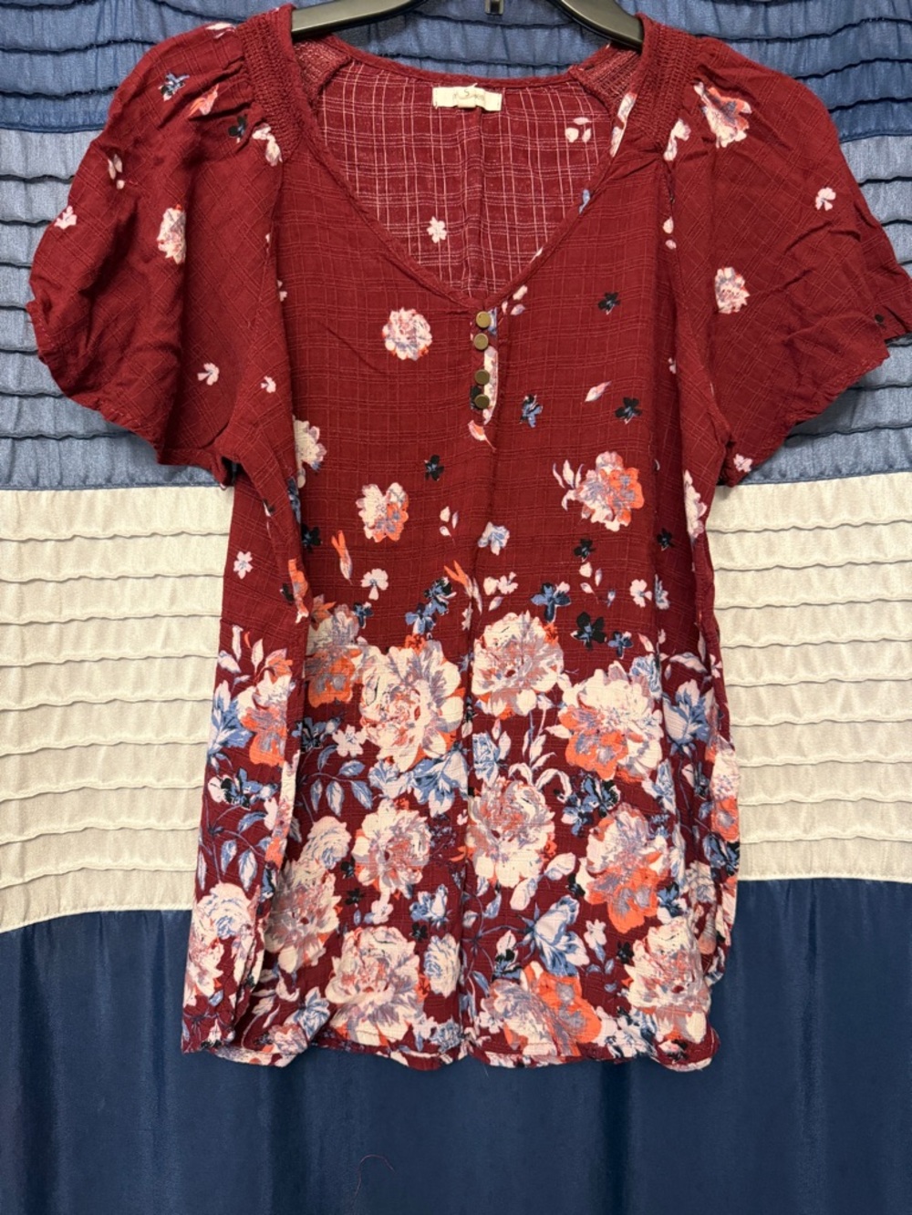 Maurices Burgundy Floral V-Neck Button Blouse